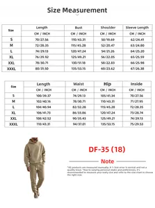 Detailed size chart for men's jacquard hoodie and pants set with CM and INCH measurements