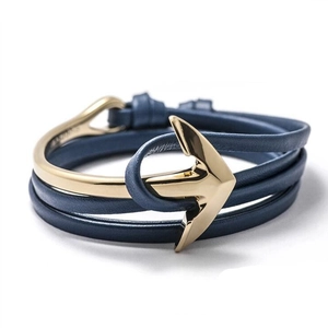 Multilayer navy leather anchor bracelet with golden hook clasp for men and women
