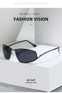 Detailed view of square metal frame sunglasses with UV protection and silver rivet accents
