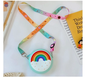 Detail of mint green silicone kids bag with 3D rainbow and gradient printed strap