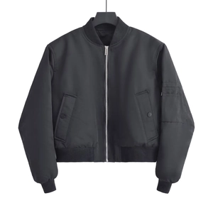 Classic black bomber jacket with ribbed cuffs and metallic zipper on a white background