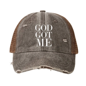 Distressed vintage truck hat with GOD GOT ME print and mesh back for sun protection