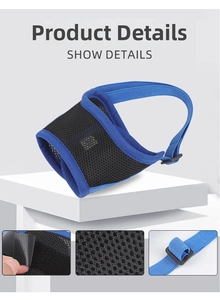 Detail view of breathable black mesh pet muzzle with blue adjustable nylon strap and velcro