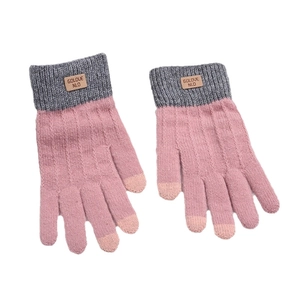 Pink and grey alpaca wool touch screen knitted gloves with warm fleece lining for winter
