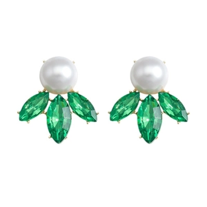 Elegant gold earrings featuring a white pearl and three marquise-cut green gemstones