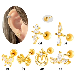 French vintage bow and star cubic zirconia gold piercing earrings with screw back ball