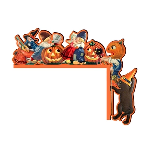Detail of vintage Halloween wooden door corner decor featuring a retro illustration style