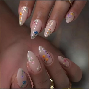 Long Almond Press On Nails ABS Floral Print Pink Nude Simple Elegant Style For Women Spring Summer Manicure