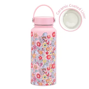 Detail view of pink floral 1L sports water bottle with ceramic coated SUS304 interior