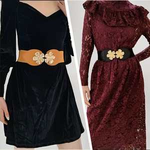 Elastic waist belt for women with golden double flower buckle in brown and black