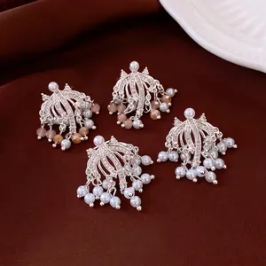 Elegant silver tassel earrings with pearls and zircons for luxury formal events