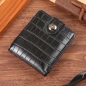 Men's short wallet with black crocodile pattern, bifold design and silver snap button closure