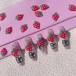 3D resin strawberry nail charms with red pearls for summer manicure art decorations