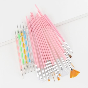 Detailed set of 20 nail art brushes including pink liners and colorful dotting pens