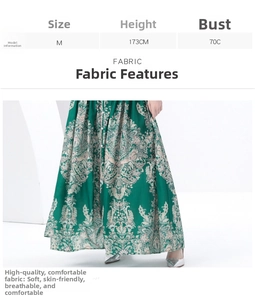 Size chart for green vintage floral maxi dress with soft breathable fabric details