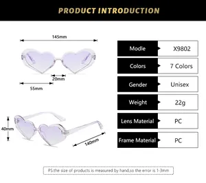 Detailed dimension guide for heart-shaped sunglasses with frame width and lens height