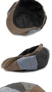Detailed views of vintage patchwork newsboy cap showing tweed texture and inner lining