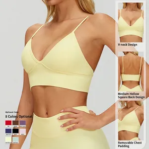 Bright yellow seamless sports bra with V-neckline and open back design