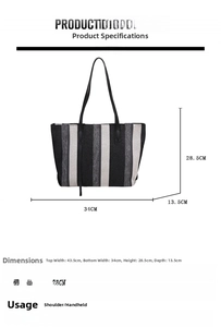 Size guide for the striped canvas tote bag with dimensions and capacity details