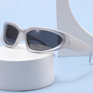 Modern Y2K silver wraparound sports sunglasses with gray lenses for street fashion
