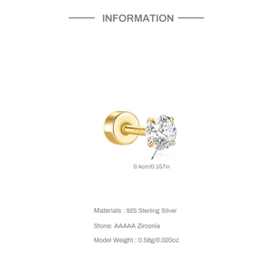 Detailansicht des S925 Sterling Silber Gold Ohrsteckers mit AAAAA Zirkonia und Maßen