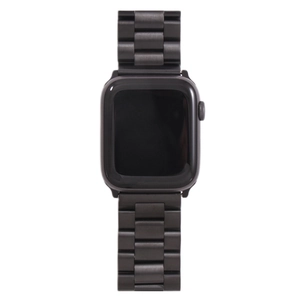 Vertical top view of black stainless steel three-bead link strap for Apple Watch