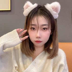Cute white plush cat ear headband with soft faux fur and pink inner lining for women