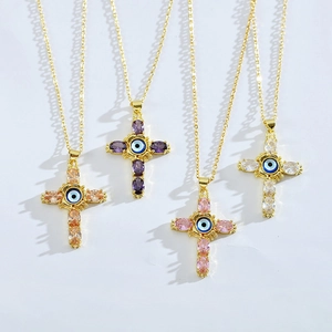 Cross pendant necklace with evil eye design and micro-set colorful zircon stones