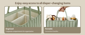 Detail view of a quilted mint green diaper organizer with three storage compartments
