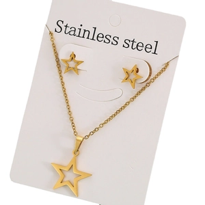 Golden stainless steel jewelry set featuring a star pendant necklace and matching stud earrings
