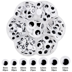 Detail view of multi-size plastic googly eyes set in a clear flower-shaped storage box