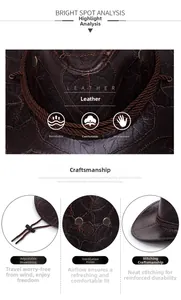 Detail of dark brown leather cowboy hat with embossed leaf patterns and adjustable chin strap