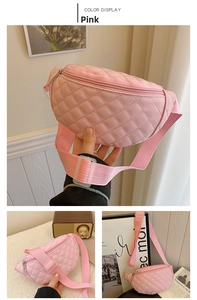 Detail of pink quilted PU leather kids chest bag with adjustable strap and diamond texture