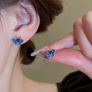 Butterfly Stud Earrings With Alloy Enamel Drip Oil Rhinestones And Silver Earring Post Sweet Fresh Style For Women