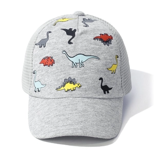 Dettaglio del cappellino grigio per bambini con stampe di dinosauri colorati e retro in rete