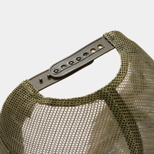 Detail of adjustable snapback strap and breathable mesh on olive green trucker hat