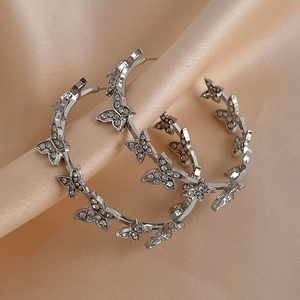 Butterfly Hoop Earrings Alloy Rhinestone With 925 Sterling Silver Earring Post Large Geometric Fashion Jewelry For Women