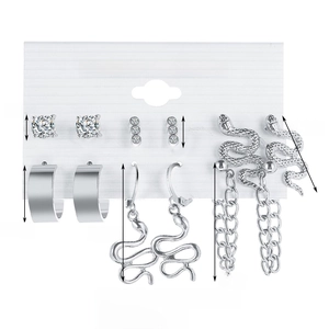 Lot de 6 paires de boucles d'oreilles argentées en C avec clous en cristal et serpent
