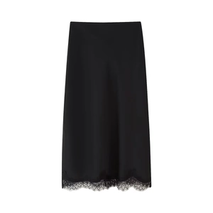 Elegant black satin midi skirt with delicate lace hem trim for women fashion style