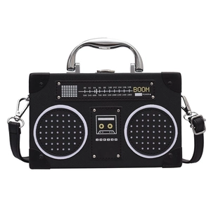Unique radio-shaped black PU leather handbag with silver metallic handle and crossbody strap