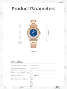 Detailed size parameters and technical specifications of the rose gold rhinestone watch
