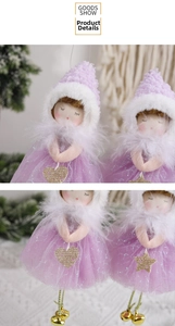 Detail of plush Christmas angel pendant with light purple tutu and gold bell accessory