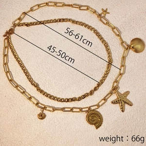 Collier double couche doré en acier inoxydable avec pendentifs étoile de mer et coquillage