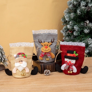 Christmas drawstring gift bags with Santa, reindeer and snowman plush dolls for candies
