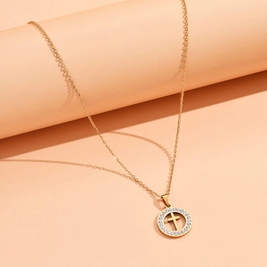 Elegant gold stainless steel circular necklace with rhinestone paved cross pendant
