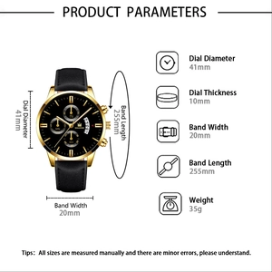 Detailed dimension chart showing 41mm dial and 255mm leather strap of business watch