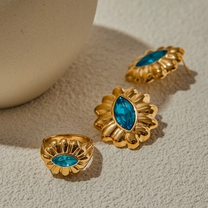 Elegant gold-plated floral jewelry set with blue zircons featuring a ring and earrings