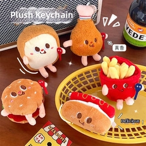 Fast food plush keychains set featuring hamburger hot dog and fries on a mini basket