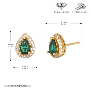 Detailed view of teardrop green zircon earrings in 925 sterling silver with dimensions