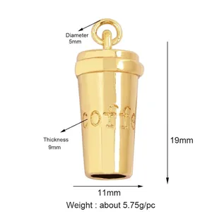 Gold coffee cup charm pendant for jewelry making with coffee engraving and dimensions